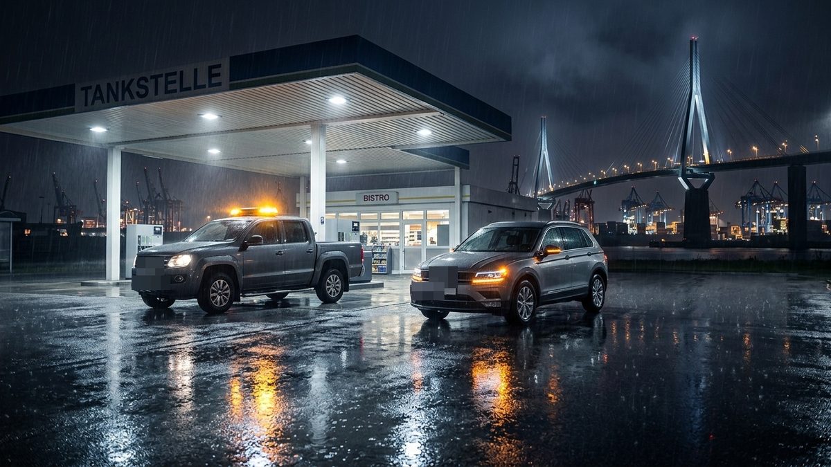 Tankstelle bei Nacht im Regen, Pickup mit Warnleuchte neben einem SUV mit Warnblinker, im Hintergrund die Köhlbrandbrücke