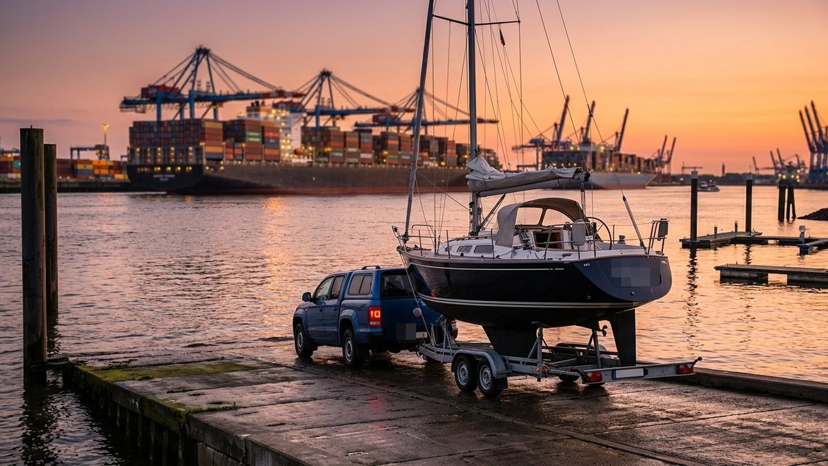 Segelboot auf einem Trailer hinter einem Pickup an einer Slipanlage an der Elbe, im Hintergrund Containerschiffe