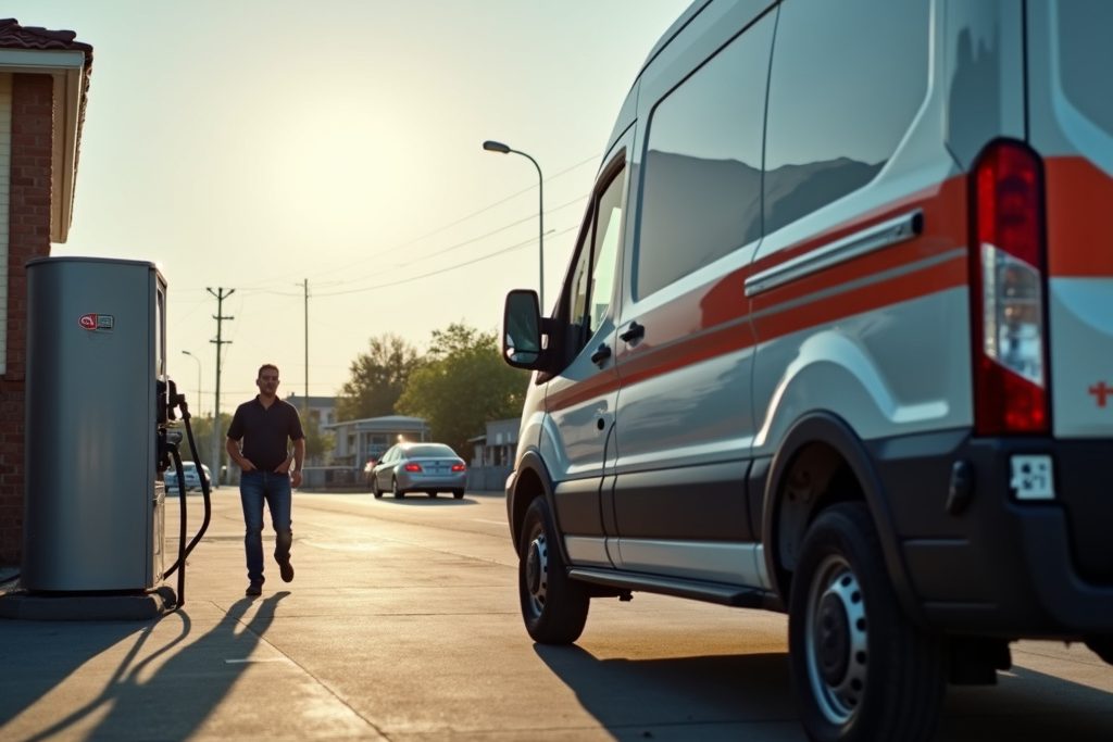 Transporter an einer Tankstelle in der Morgendämmerung