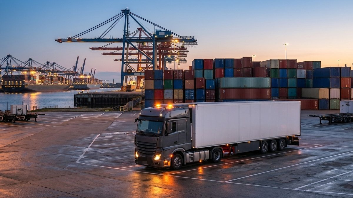 Sattelzug mit Warnblinker auf einem Parkplatz am Hamburger Hafen, dahinter Container und Kräne